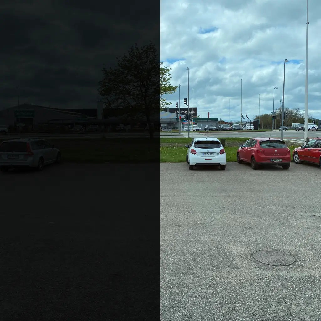 Venstre side mørk, højre side lys, viser forskel i lysgennemtrængning gennem vinduesfilm.