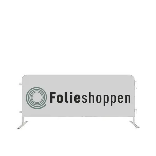 Bannercover med "Folieshoppen" logo monteret på cykelhegn. Synlige hjørnebeslag.