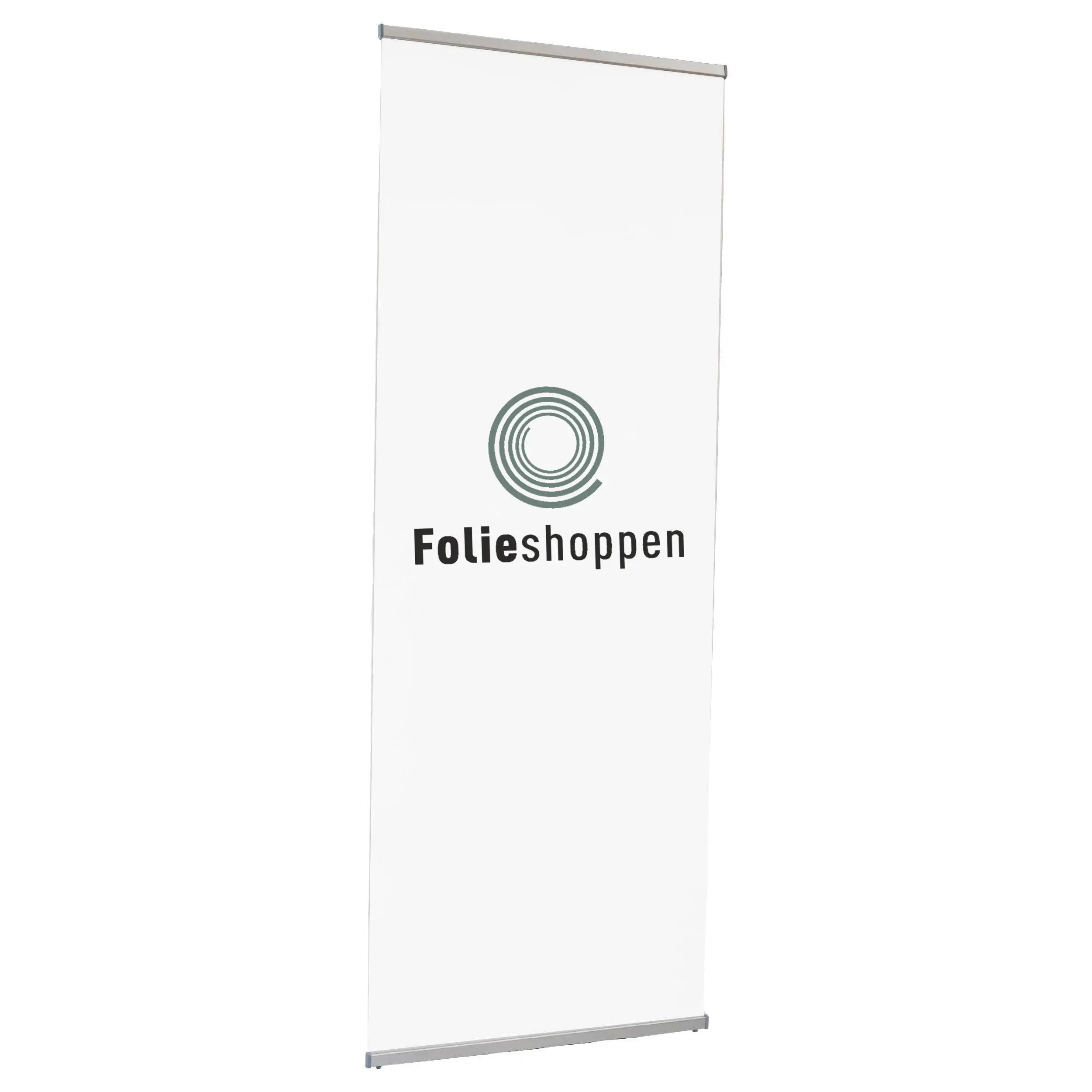 L-banner med cirkulært logo og tekst, støttet af top- og bundklemme, stabil L-formet base.