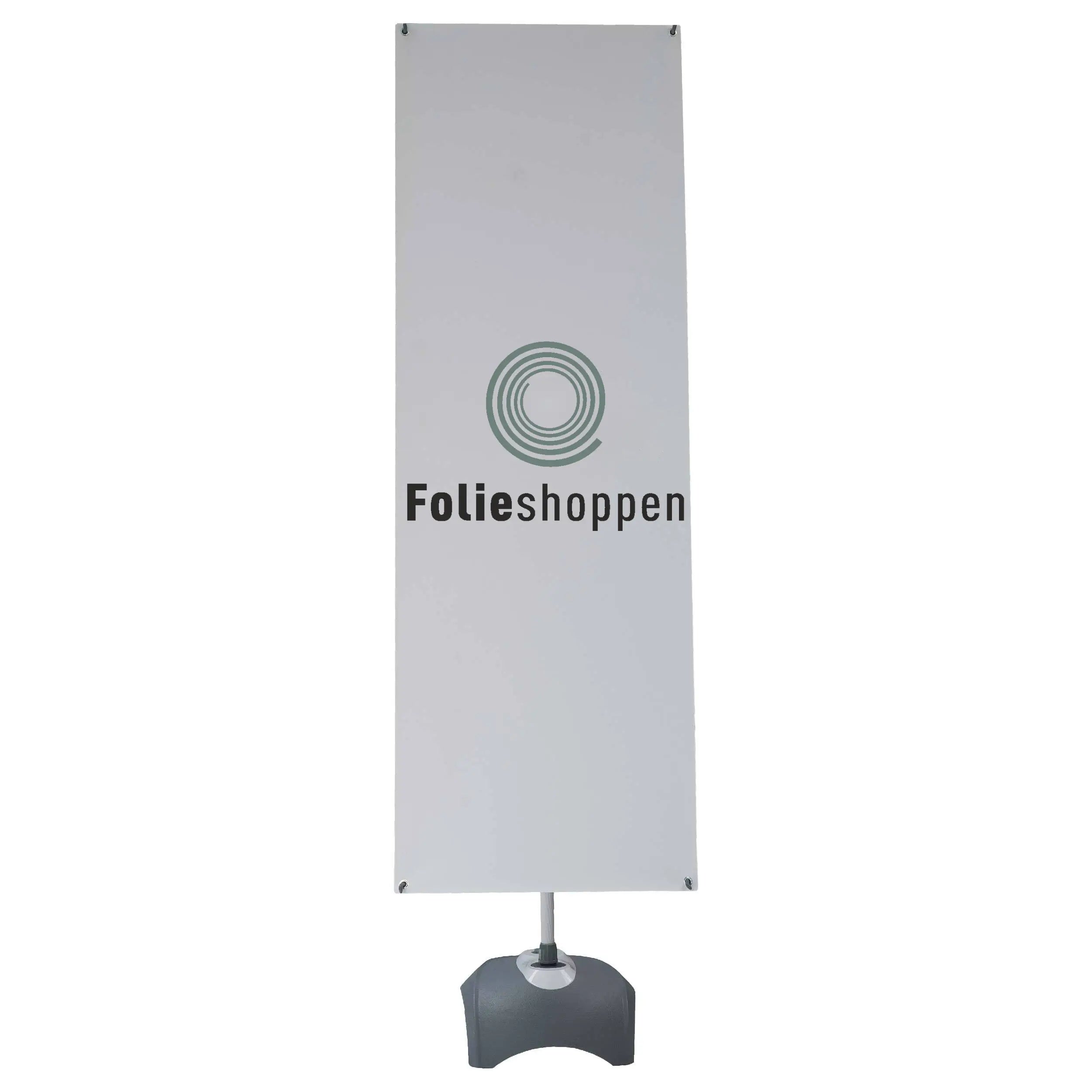Dobbeltsidet X-banner med "Folieshoppen" logo på fyldbar base, 60x180 cm.