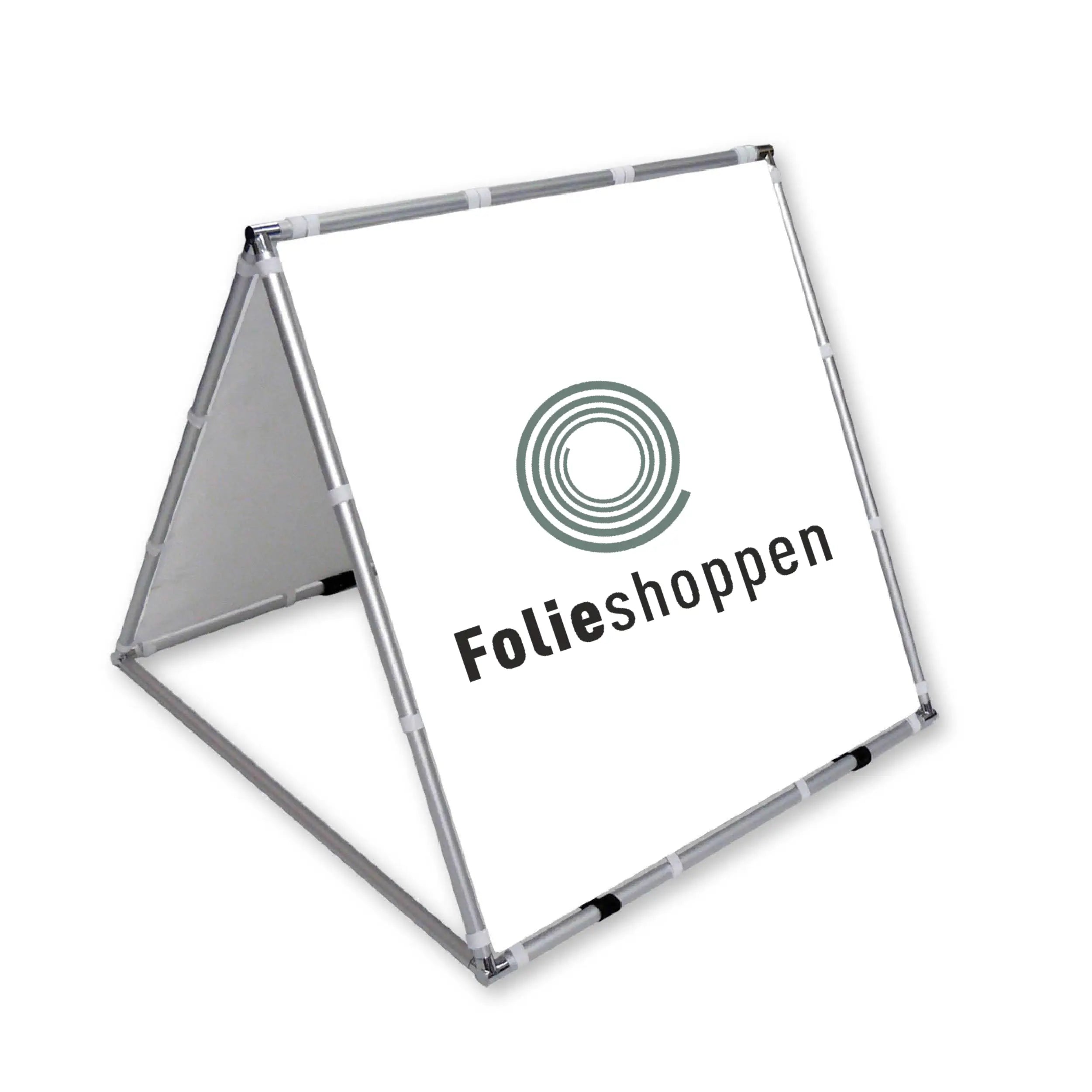 Enkeltsidet aluminium A-Frame med trekantet struktur og logo, let at transportere og samle.