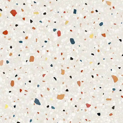 Terrazzo-design med farverige chips på lys baggrund; giver et tekstureret udseende.