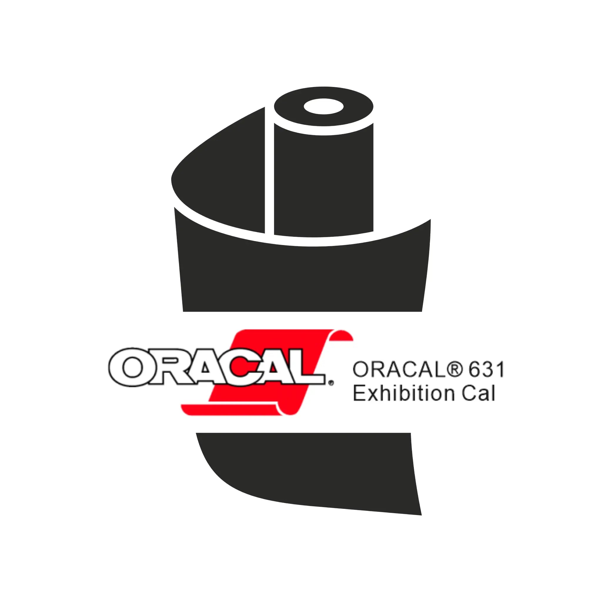 Rulle af film med "Oracal" og "Exhibition Cal" label. Sort rulle, rød og hvid "ORACAL" logo.