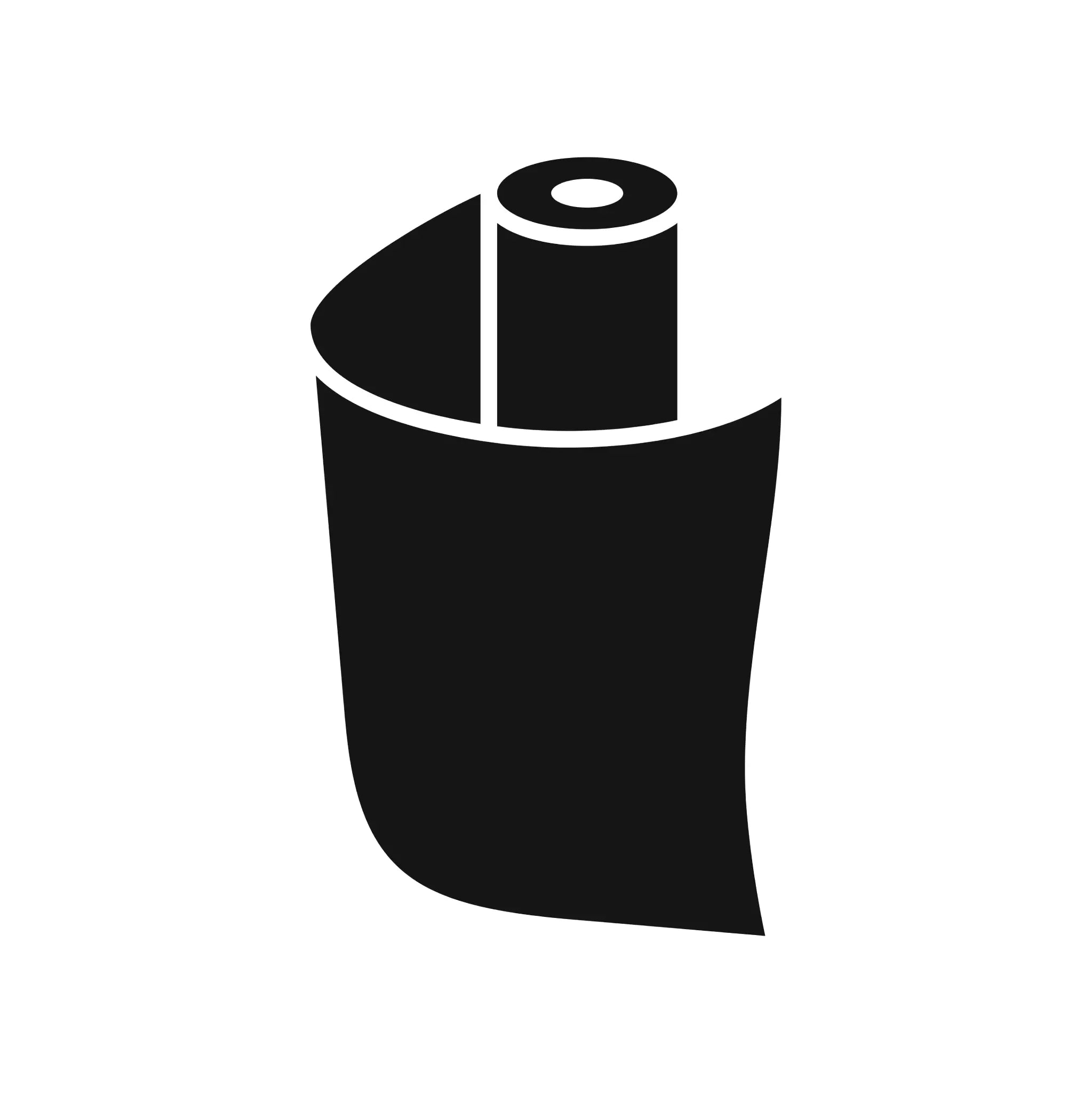 Sort-hvid ikon af delvist udrullet rulle materiale, ensartet sort farve.