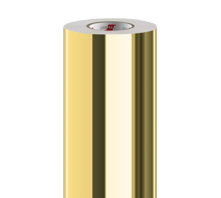 En rulle guld spejlfolie, selvklæbende, med en blank og reflekterende overflade.