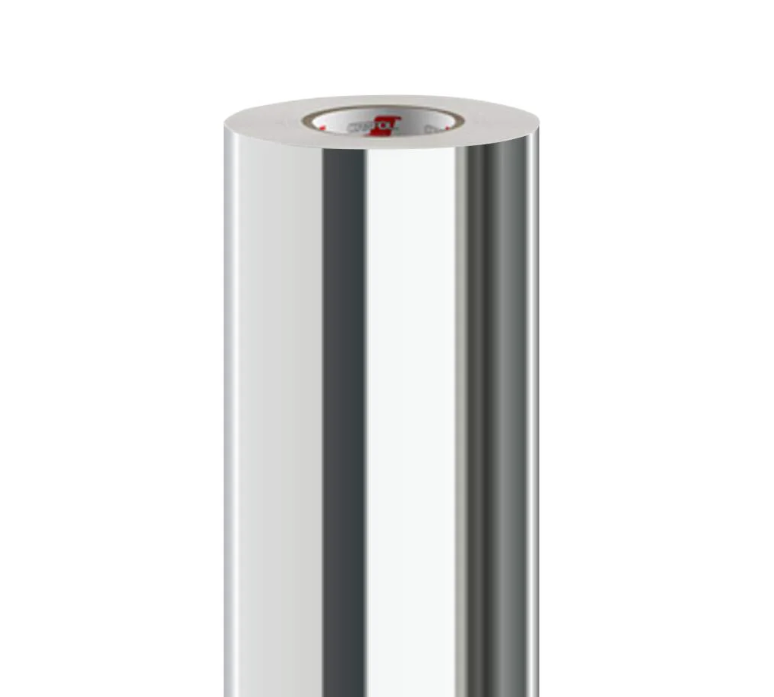 En rulle selvklæbende spejlfolie i sølvfarve med en glat, reflekterende overflade.