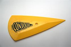 Gul værktøj med trekantet form, spids ende, flad overflade og et hul i midten. Labeled "Contour."