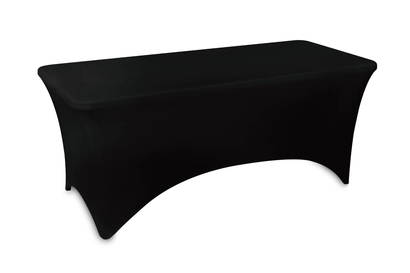 Rektangulært cocktailbord med sort betræk, der dækker til gulvet. Glat overflade.
