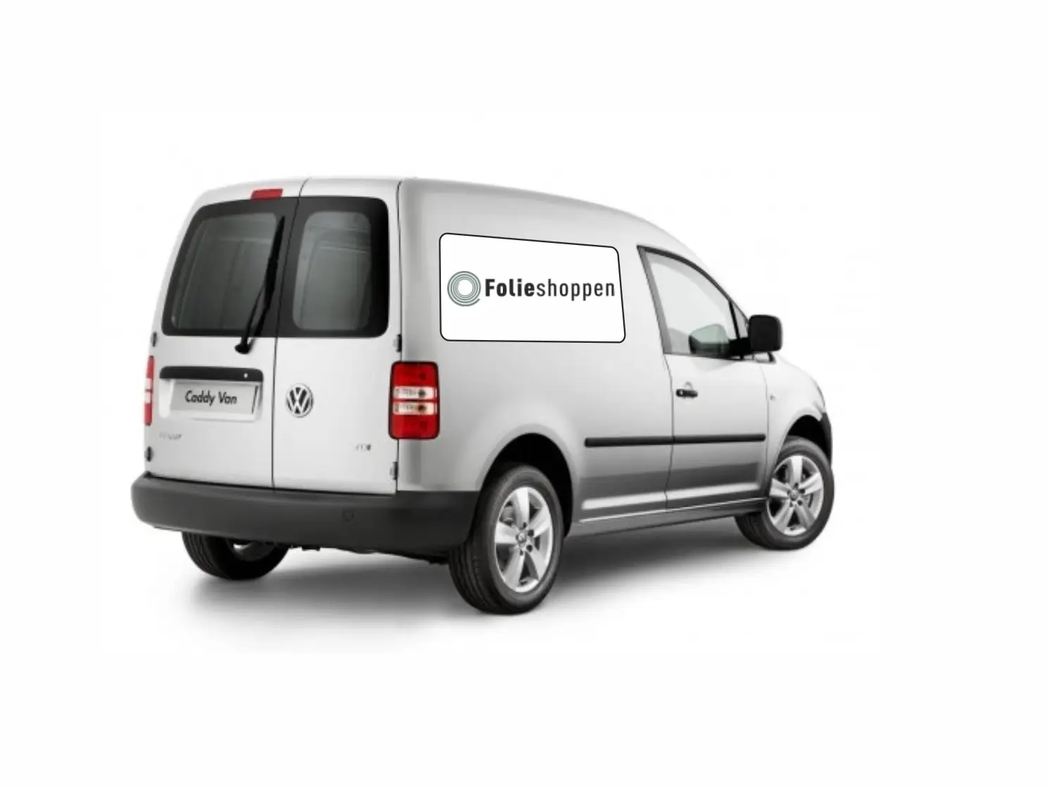 Hvid varevogn med rektangulær "Folieshoppen" sticker og grafisk design på siden.