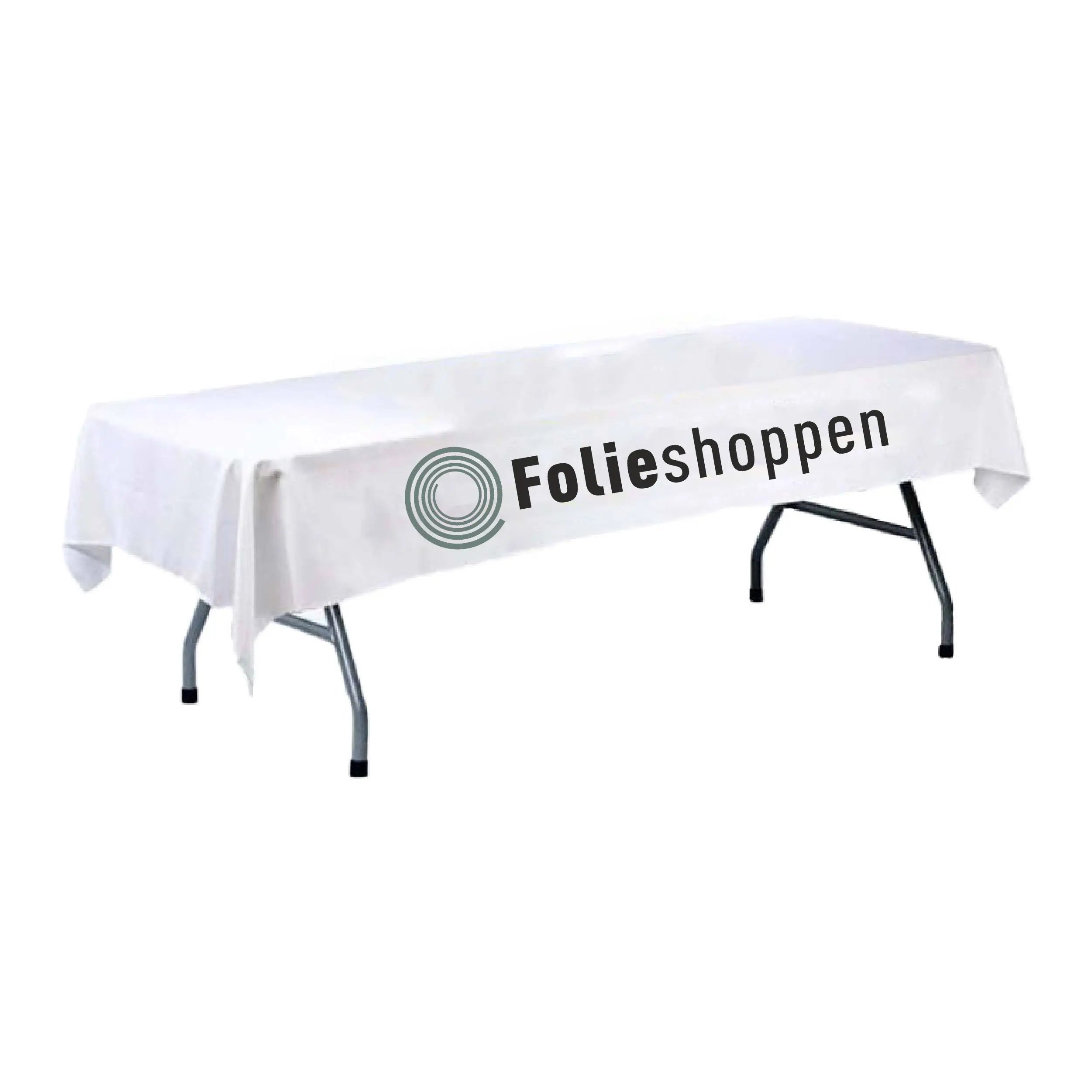 Borddug med "Folieshoppen" logo over et foldbart bord, ideel til branding ved events.
