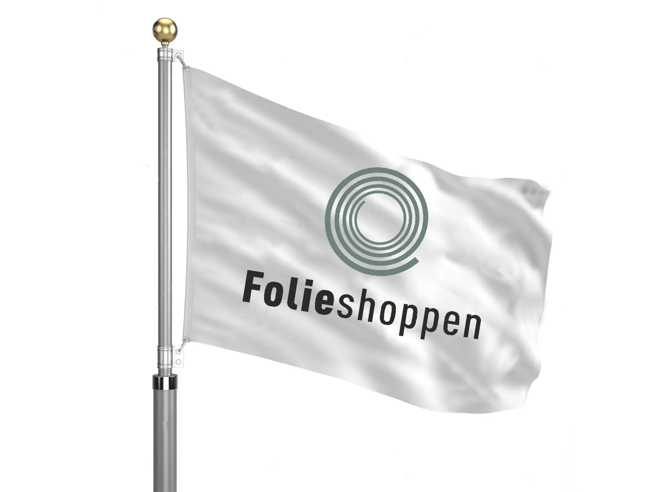 Hvid flag med "Folieshoppen" logo på en metallisk flagstang.