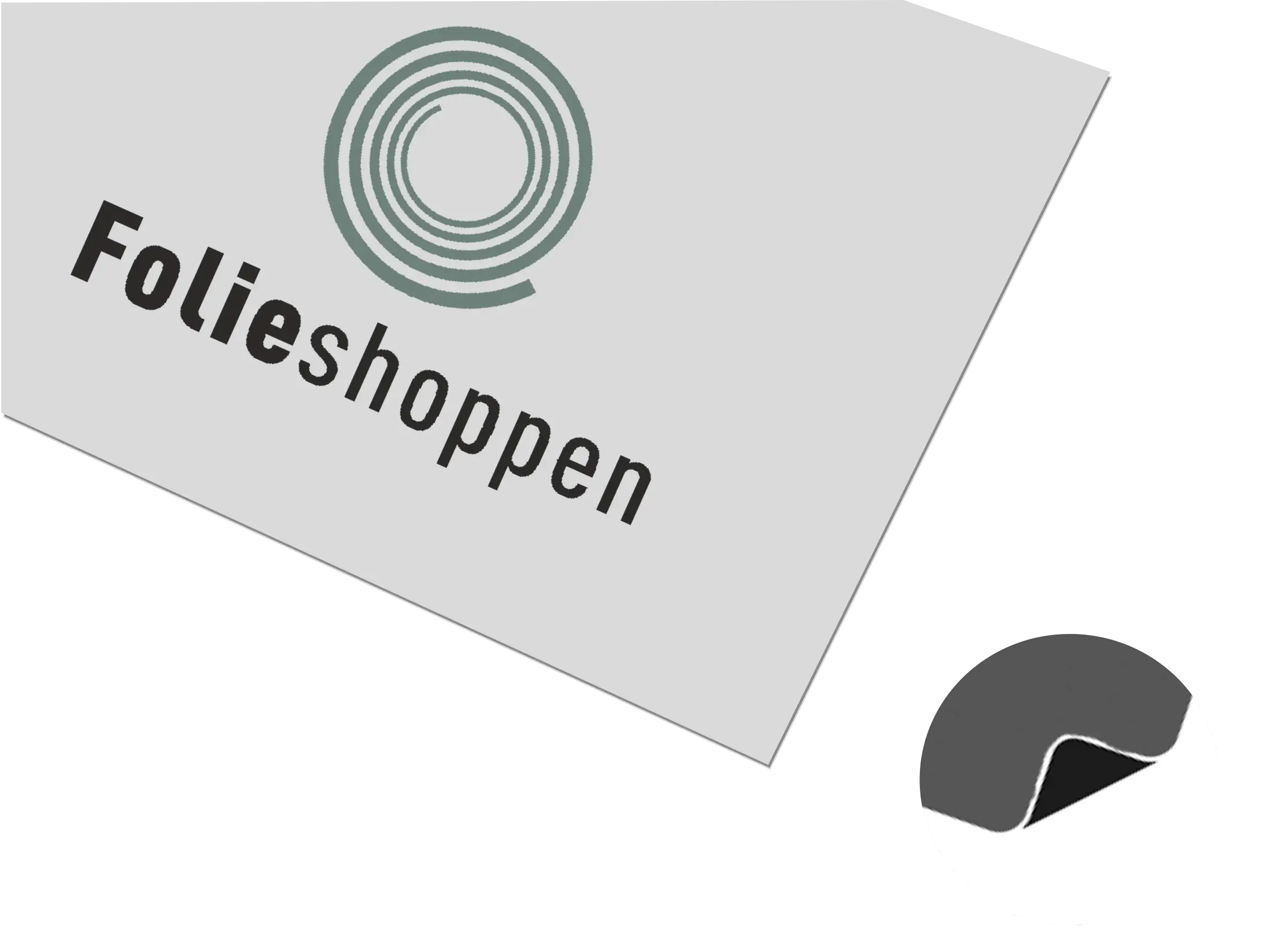 Gråt rektangel med logo og teksten "Folieshoppen". Rundt ikon viser et lagdelt hjørne af materialet.