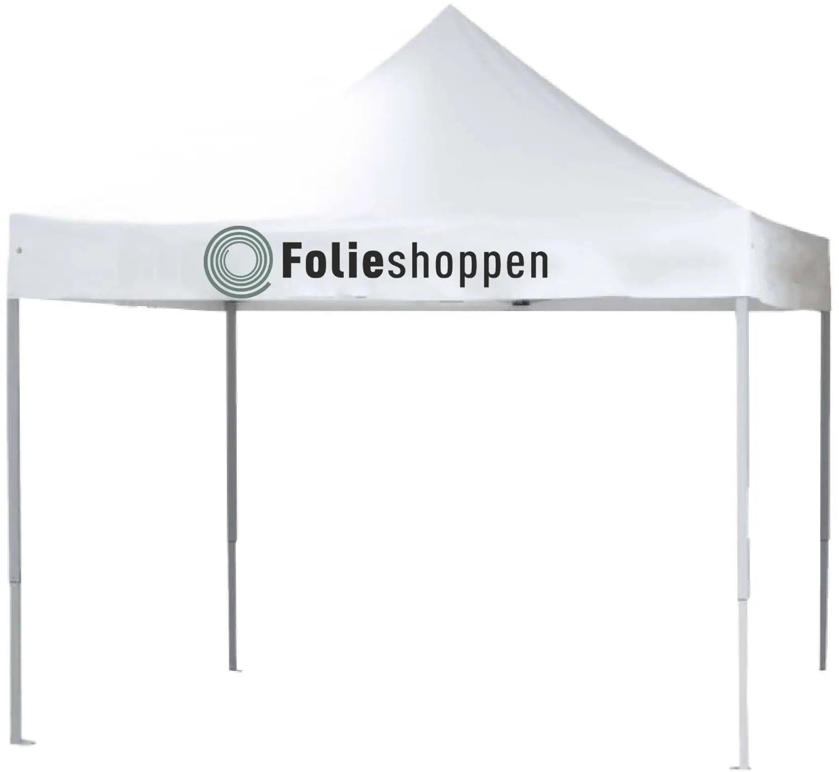 Pop-up telt med hvidt tag og "Folieshoppen" tekst, understøttet af fire ben.