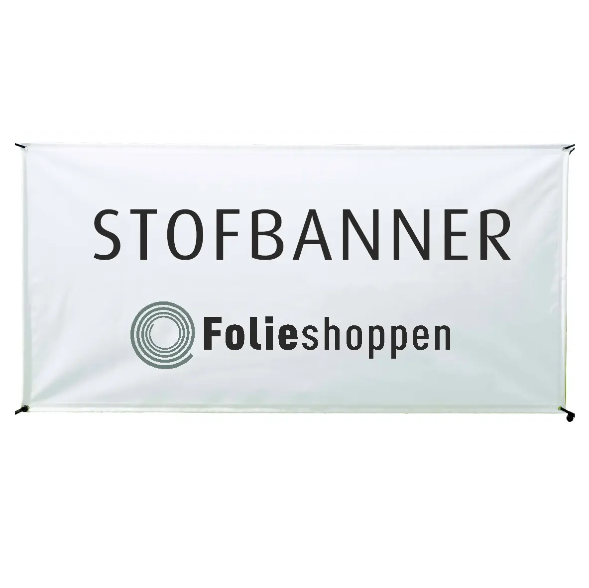 Rektangulært stofbanner med teksten "STOFBANNER" og "Folieshoppen" samt et cirkulært logo.