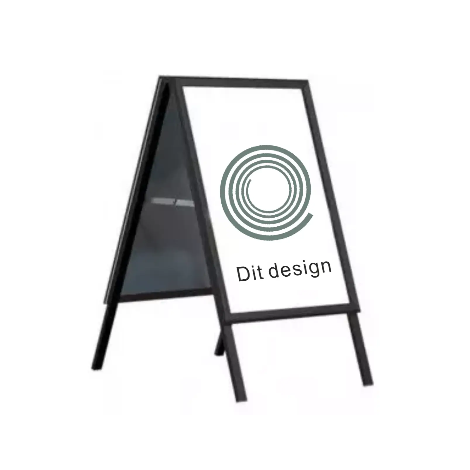 Dobbelt A-skilt med vandfast plakat i sort ramme. Tilpasset design med logo eller tekst.