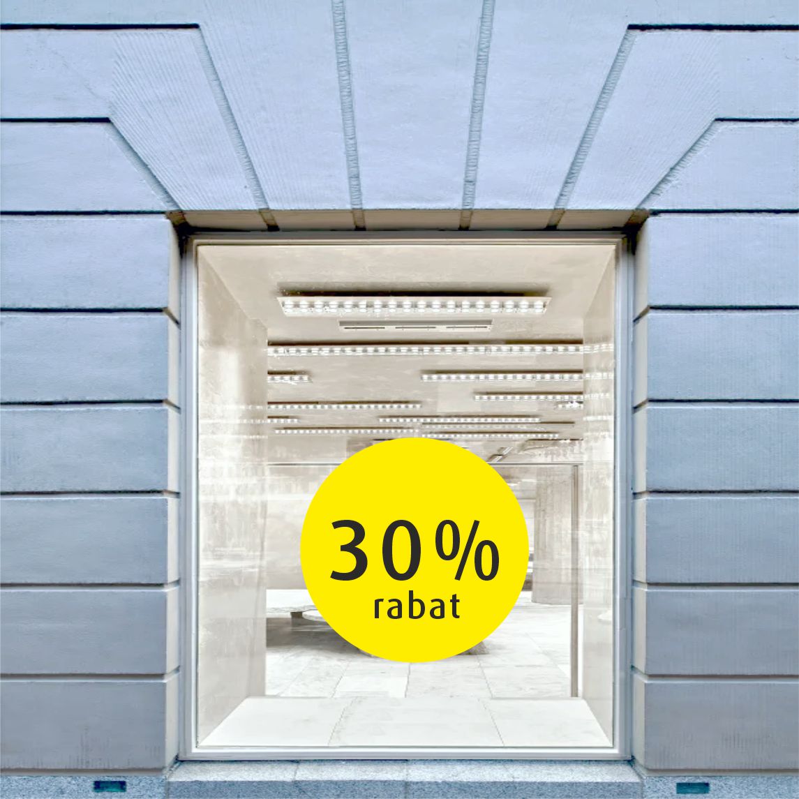 Storefront med stor gul cirkel og teksten "30% rabat" i moderne design.