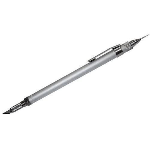 Dobbeltendet værktøj i metal med kniv, hulprikker og lommeclips. Sleek design.