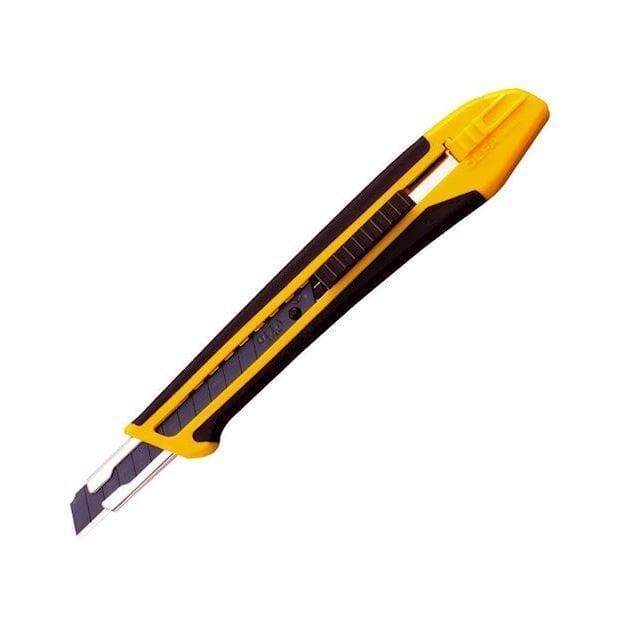 Gul og sort hobbykniv med komfortabelt greb og udtrækkelig klinge via skydeknap.