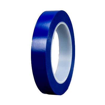 Blå gulvmarkeringstape med glat, skinnende overflade, rullet på en hvid cylindrisk kerne.