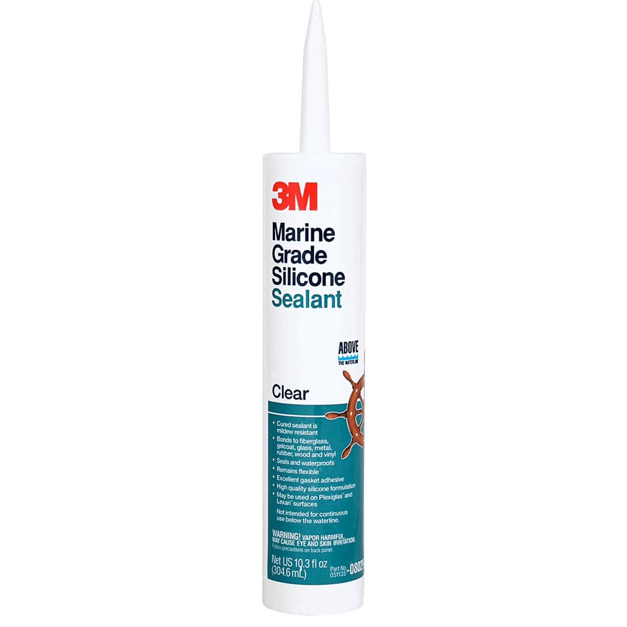 Hvid tube med 3M Marine Grade Silicone Sealant, tekst og skibsratt på etiketten.