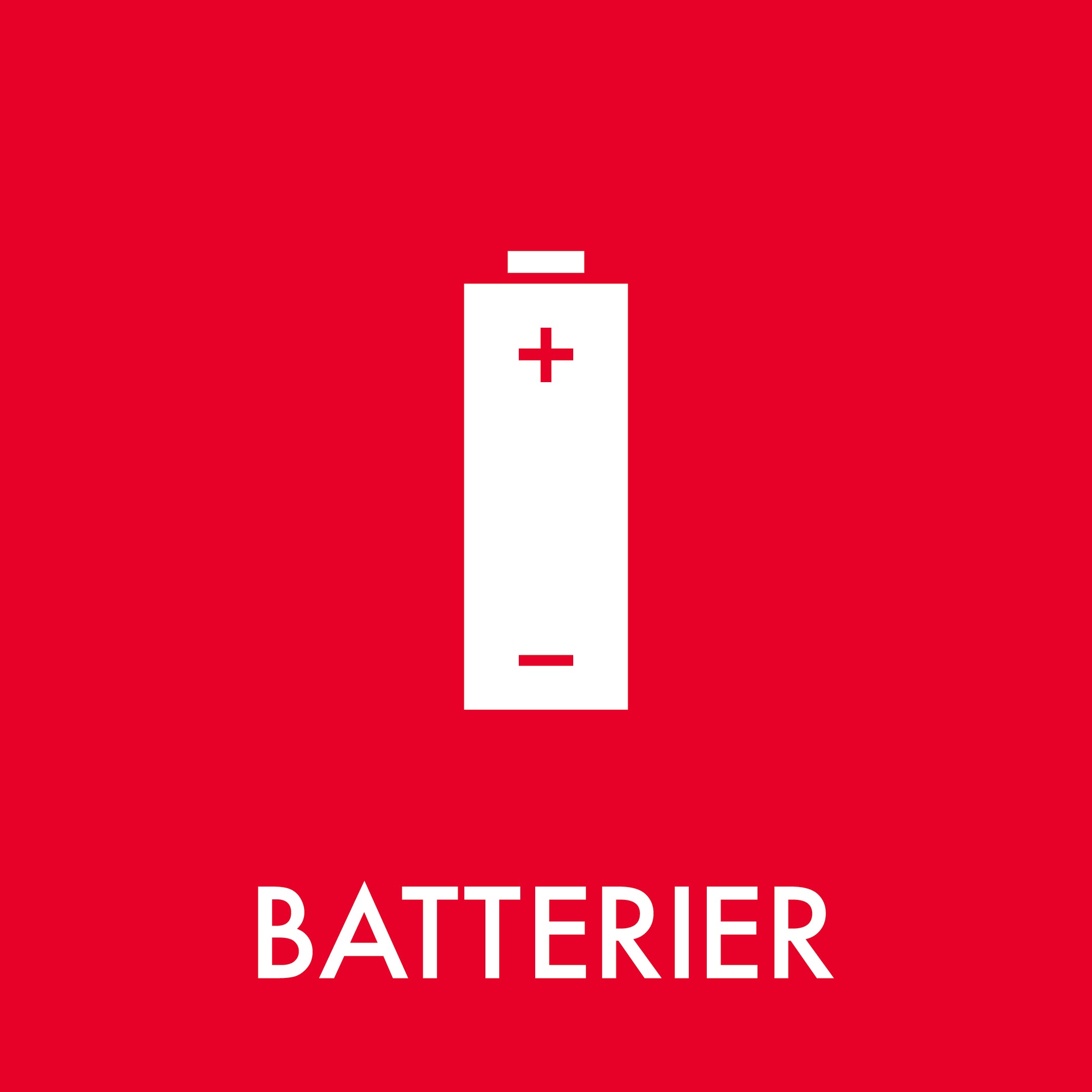 Rødt klistermærke med hvidt batteri-ikon og teksten "BATTERIER" til affaldssortering af batterier.