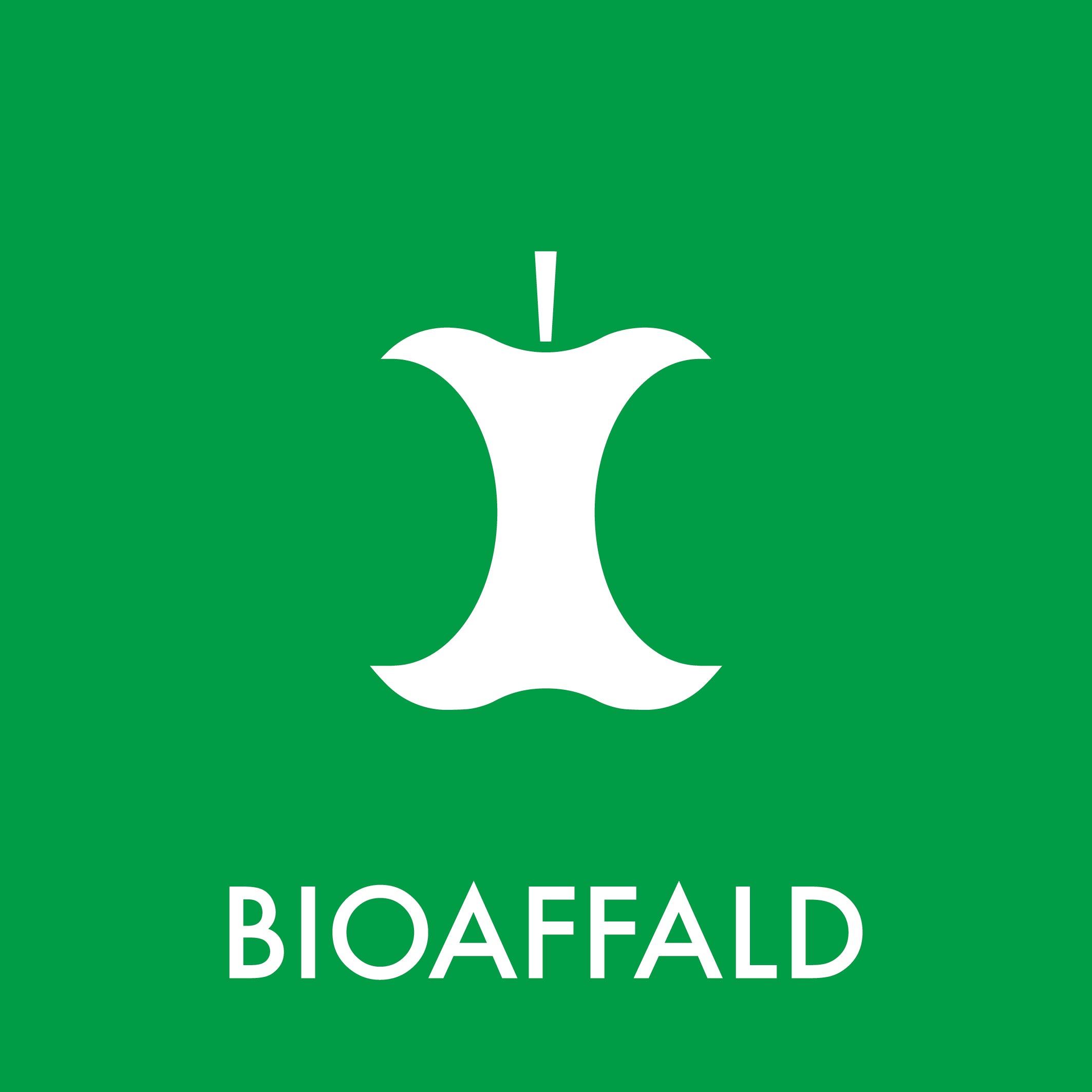 Grøn baggrund med hvidt æbleskrog og teksten "BIOAFFALD" for affaldssortering af bioaffald.