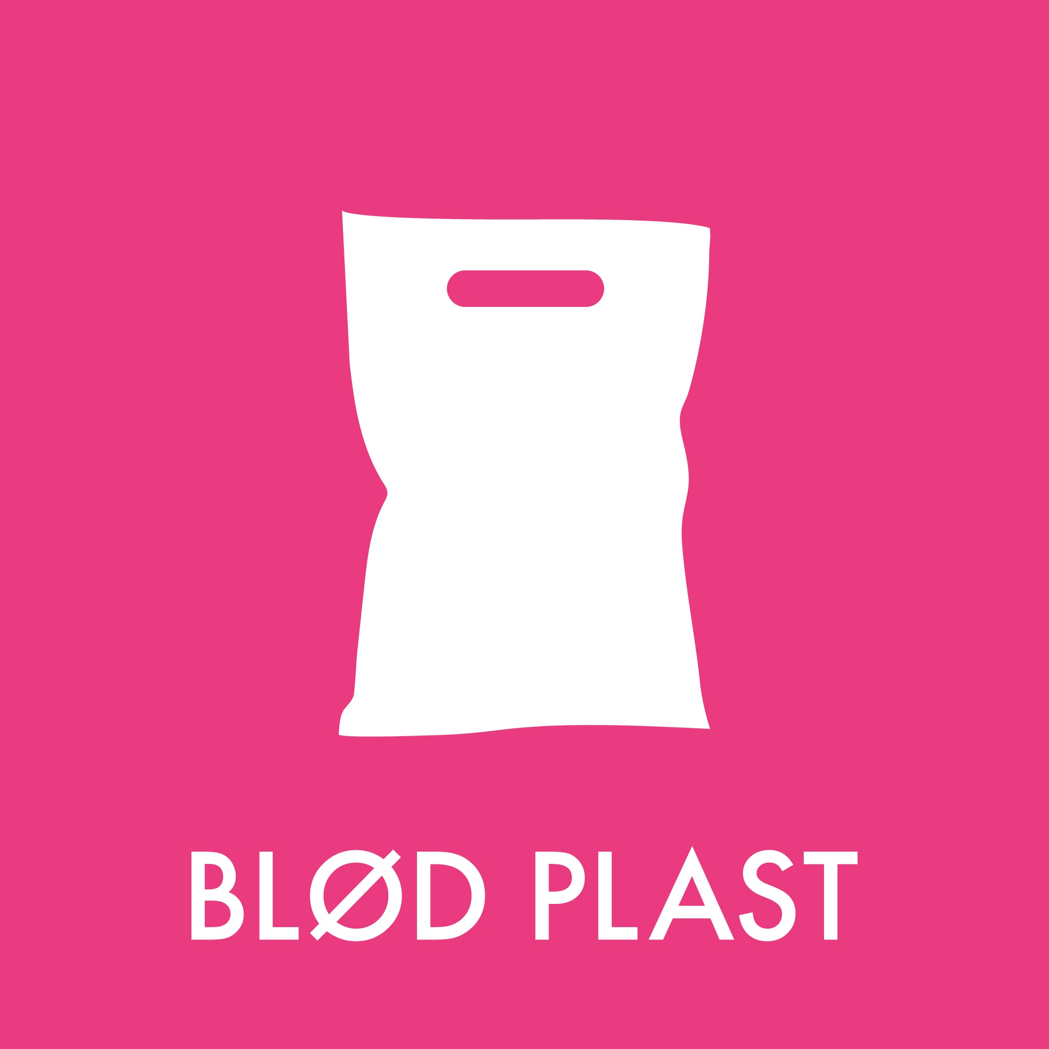 Hvid taskeikon på lyserød baggrund med teksten "BLØD PLAST" nedenunder.