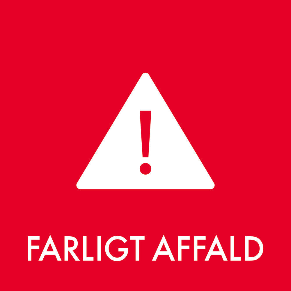 Rødt klistermærke med hvidt advarselstegn og teksten "FARLIGT AFFALD" for farligt affald.
