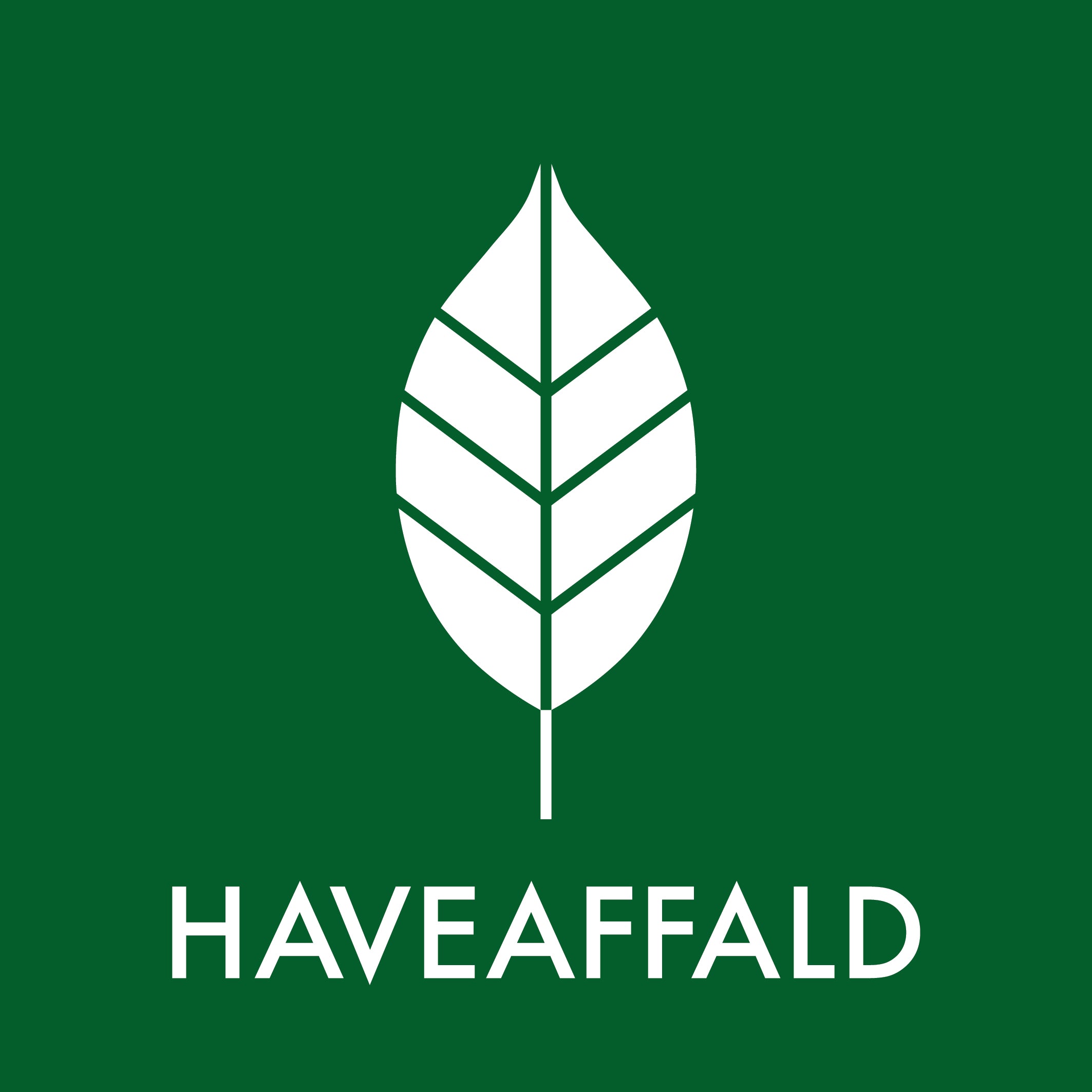 Grøn baggrund med hvidt blad og teksten "HAVEAFFALD" i store bogstaver. Minimalistisk design.