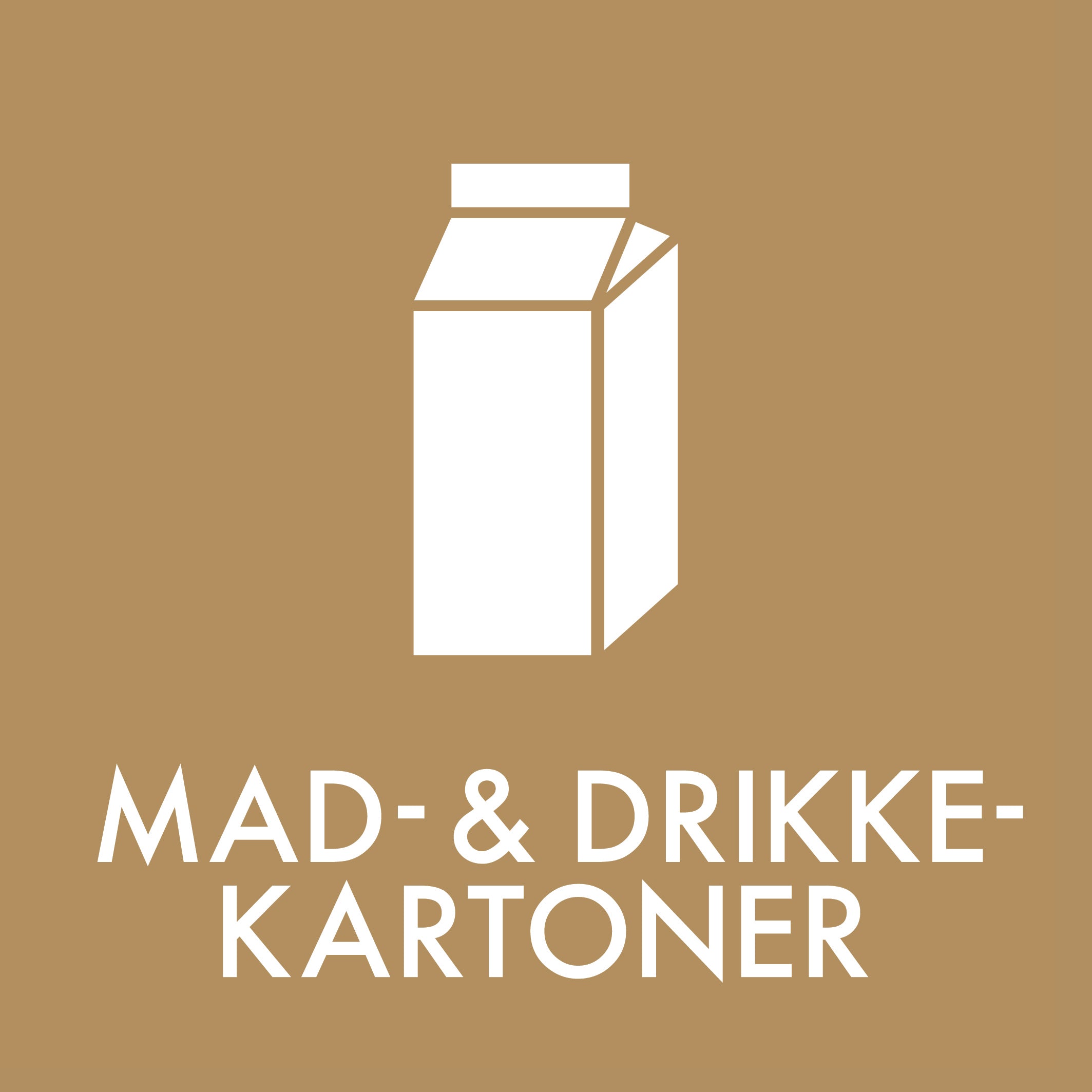 Brun firkantet sticker med ikon af karton og teksten "MAD- & DRIKKE-KARTONER".