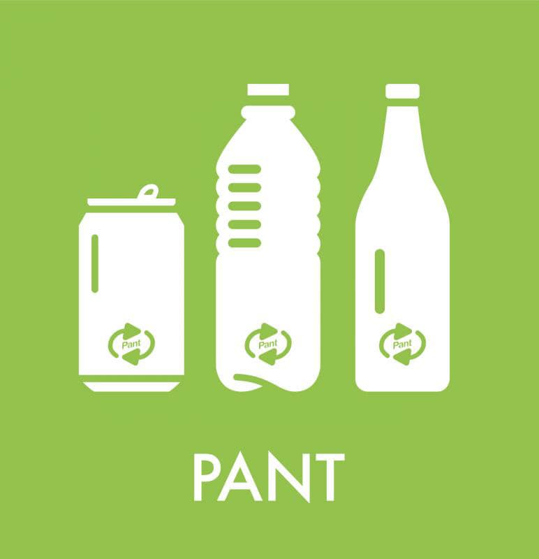 Grøn baggrund med hvide silhuetter af dåse, plast- og glasflaske, hver med genbrugssymbol og "PANT".