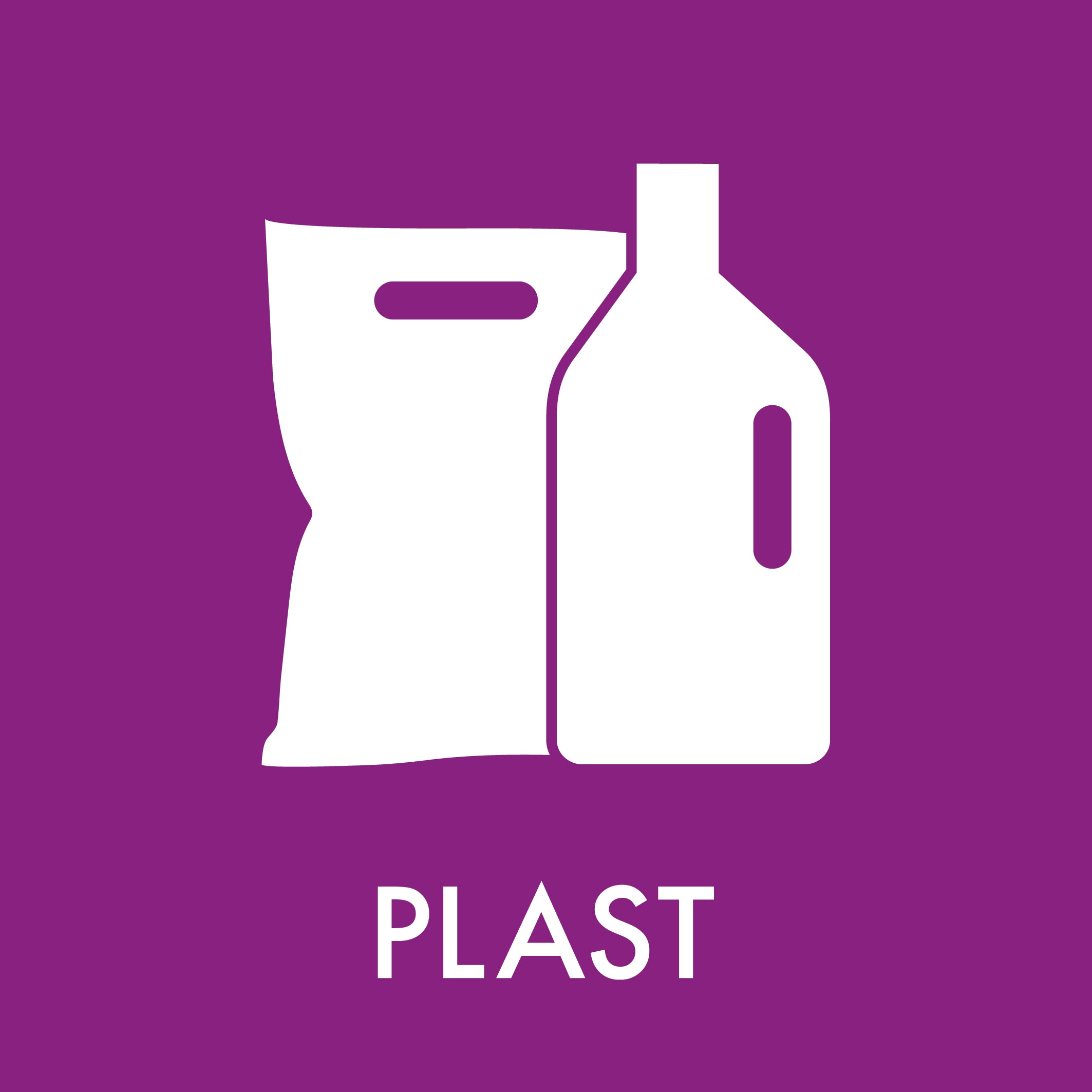 Hvidt silhuet af flaske og pose på lilla baggrund med teksten "PLAST".