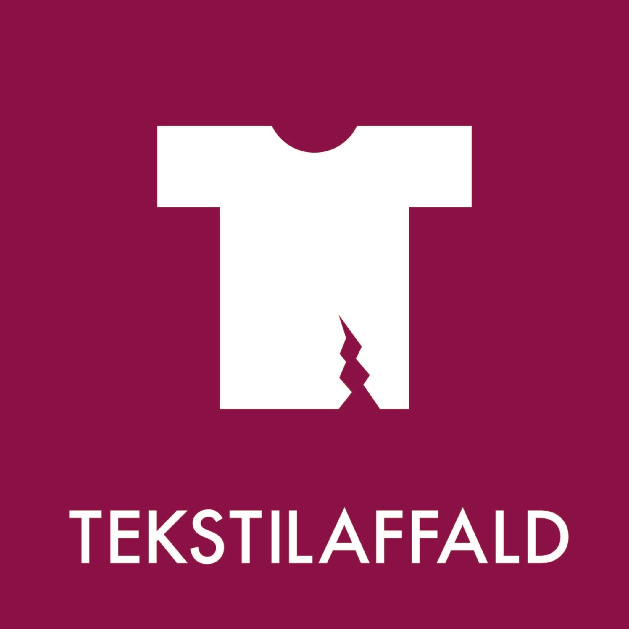 Hvid t-shirt ikon med flænge på maroon baggrund, med teksten "TEKSTILAFFALD" nedenunder.