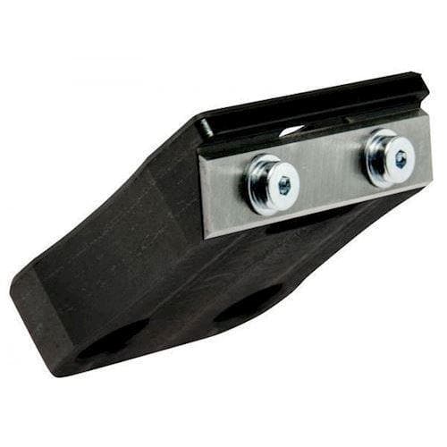 Lille håndværktøj med skråt design, mørkt håndtag og metalblad fastgjort med to skruer.