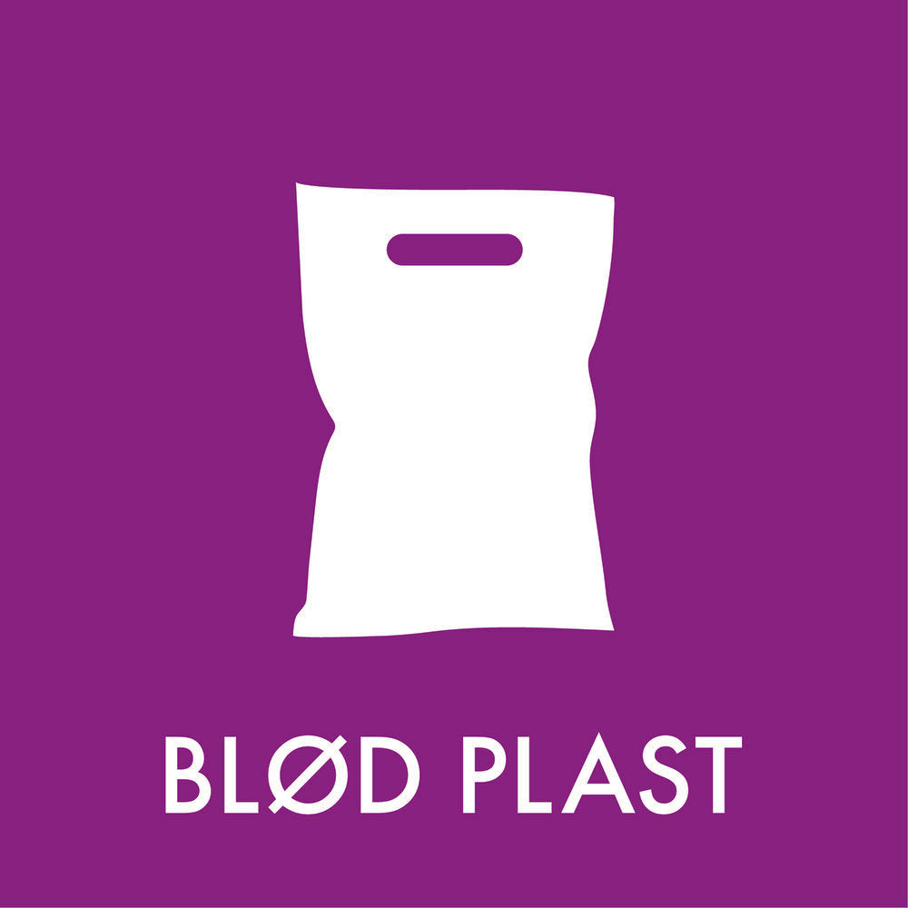 Lilla baggrund med hvidt ikon af plastikpose og teksten "BLØD PLAST" nedenfor.