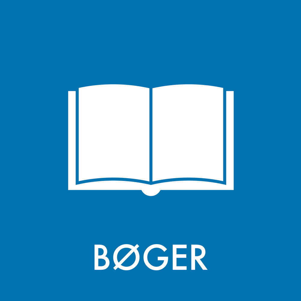 Blå baggrund med hvidt ikon af åben bog og teksten "BØGER" nedenunder.