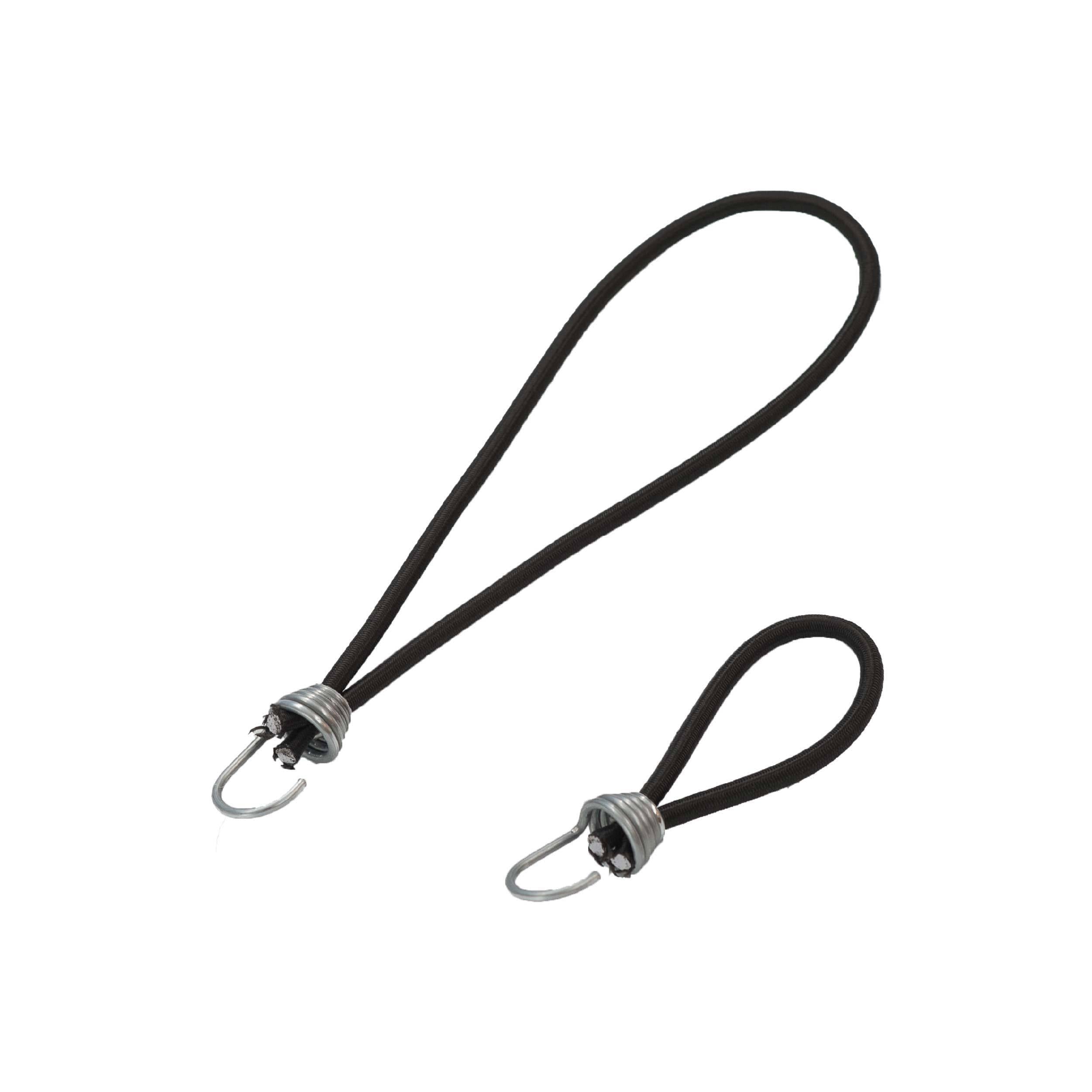 To elastiske løkker med kroge til ophæng, i forskellige størrelser, begge sorte.