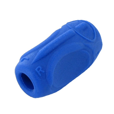 Blåt, cylindrisk greb med tekstur og et "R" på siden til knivhåndtag.