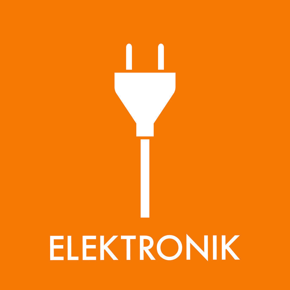 Orange baggrund med hvidt stikikon og teksten "ELEKTRONIK" nederst.