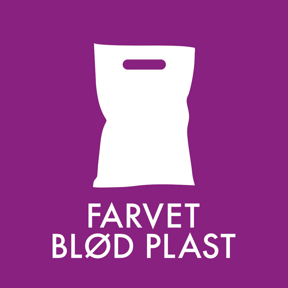 Lilla baggrund med hvidt silhuet af pose og teksten "FARVET BLØD PLAST" nedenunder.