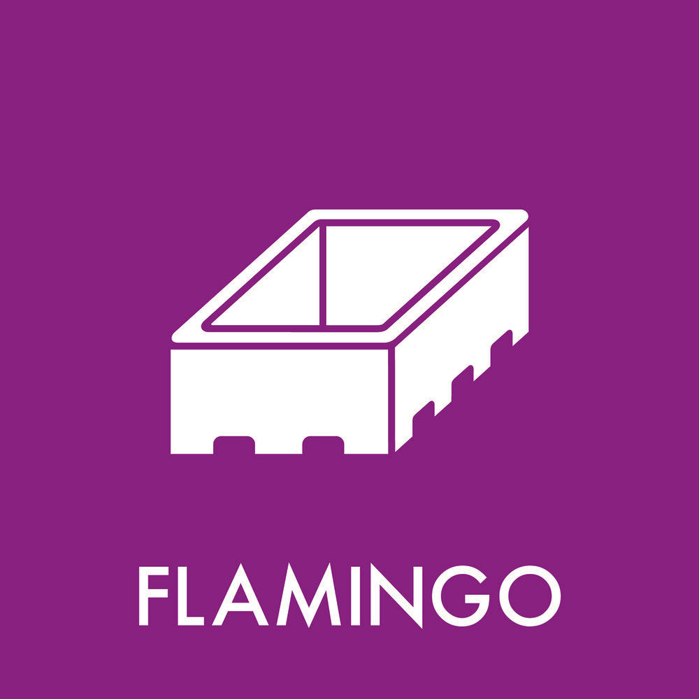 Flamingo-etiket med illustration af rektangulær container på lilla baggrund.