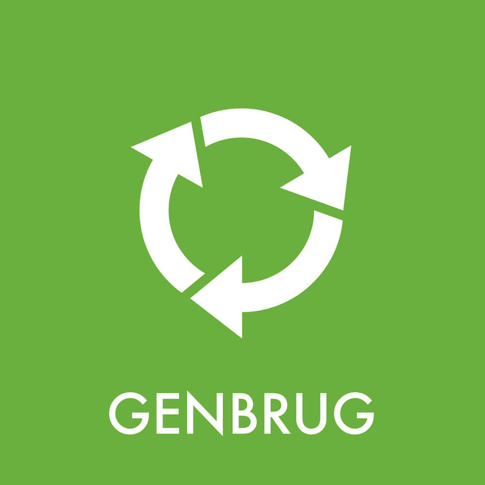 Grøn baggrund med hvidt genbrugssymbol og teksten "GENBRUG" i hvid. Enkel og tydelig design.
