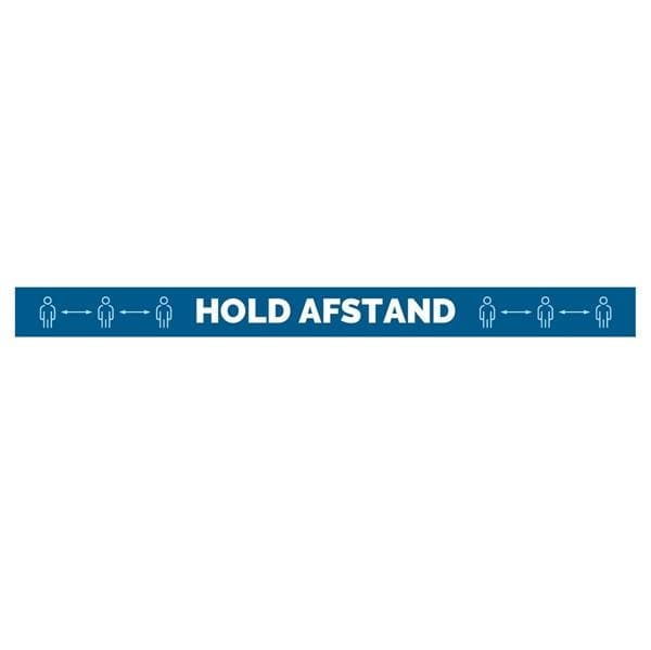 Blåt gulvklistermærke med teksten "HOLD AFSTAND" og symboler af mennesker og pile.