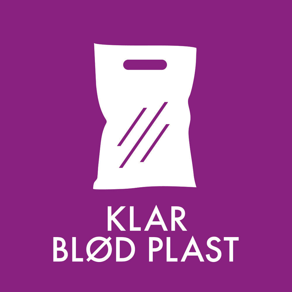 Lilla baggrund med hvidt symbol af plastikpose og teksten "KLAR BLØD PLAST" i hvide bogstaver.