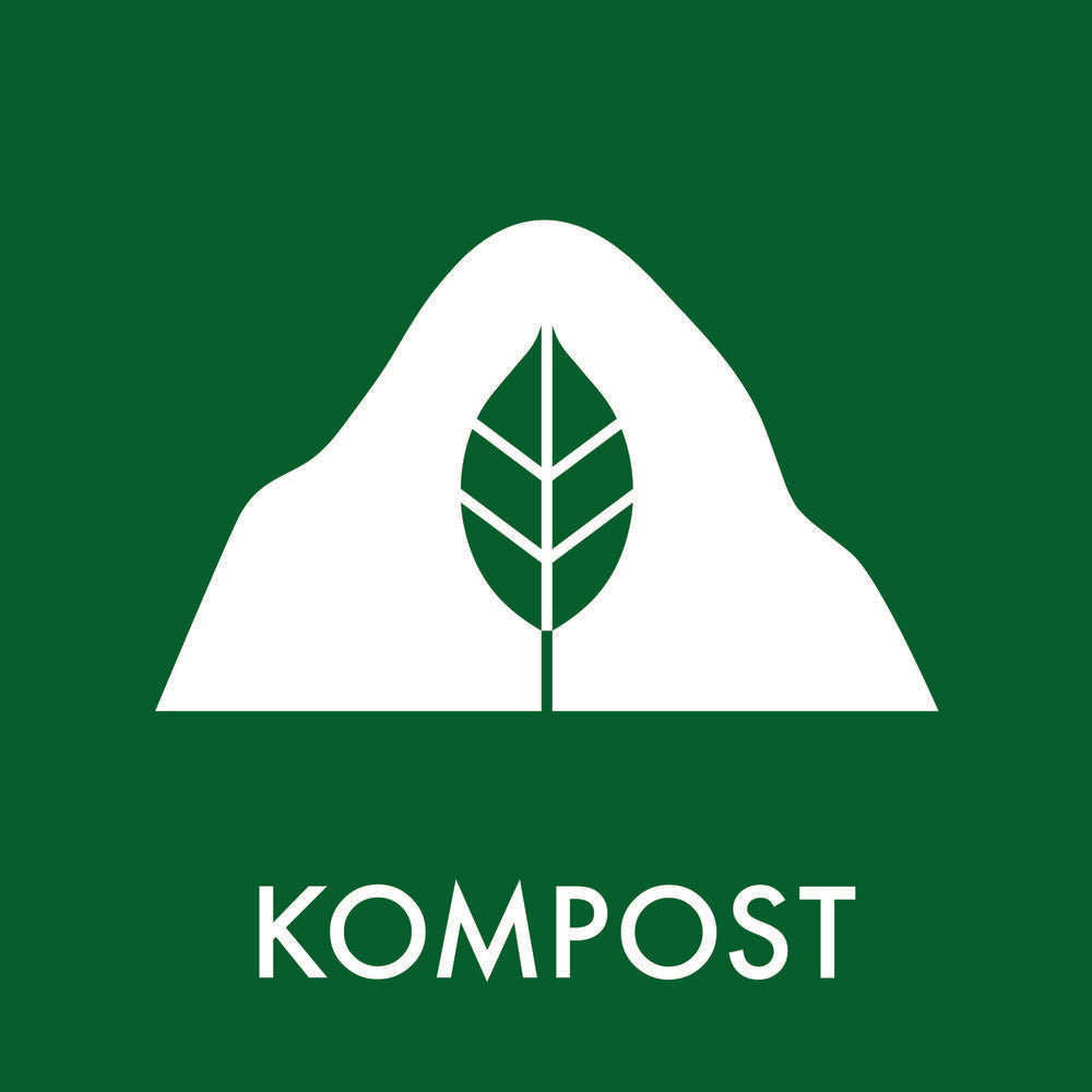 Firkantet klistermærke med et blad i en bunke på grøn baggrund, teksten "KOMPOST" vises nedenunder.