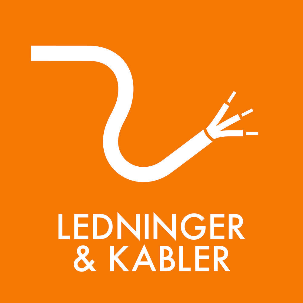 Orange baggrund med hvid illustration af ledning. Tekst: "Ledninger & Kabler" angiver affaldstype.