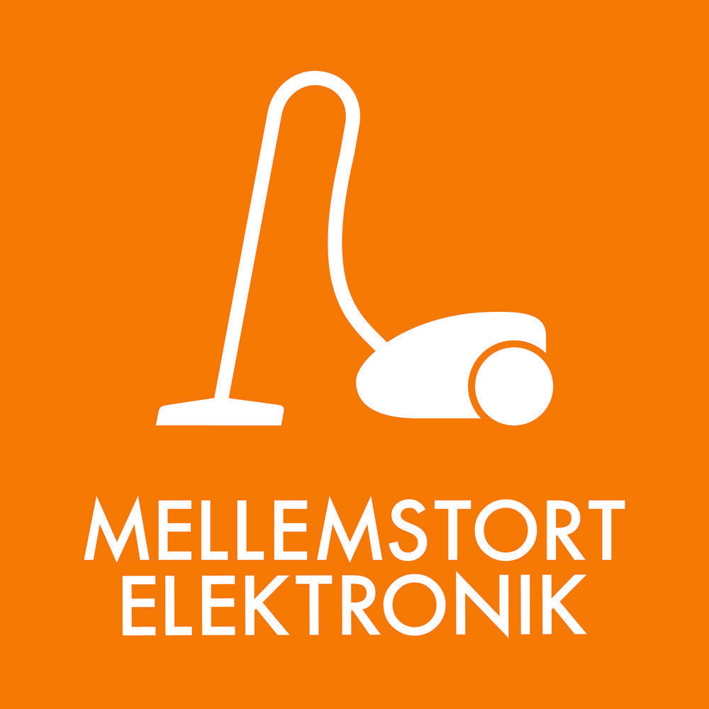 Orange baggrund med hvid støvsugerillustration og teksten "MELLEMSTORT ELEKTRONIK" nedenunder.