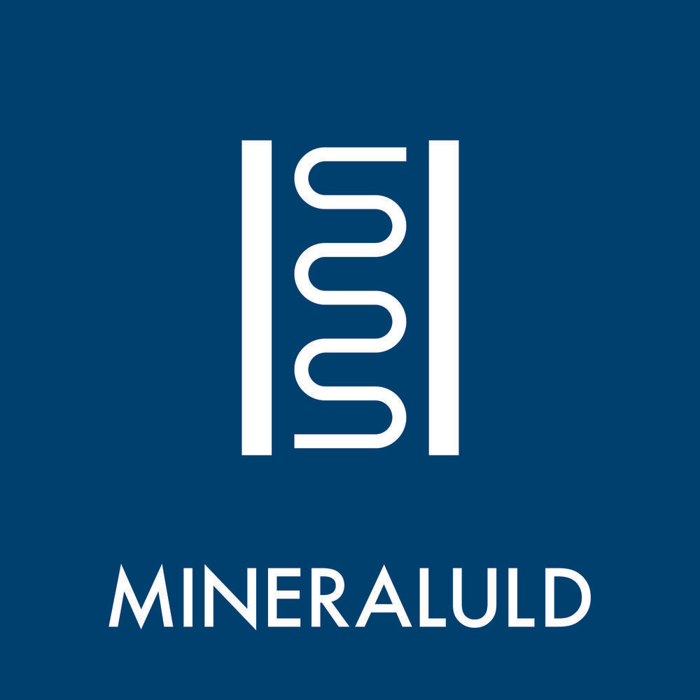 Blå baggrund med hvidt grafisk mønster og teksten "Mineraluld" i moderne skrift.
