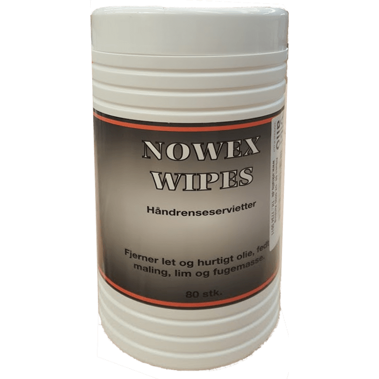 Hvid beholder med grå/rød etiket: "Nowex Wipes, Håndrenseservietter, fjerner olie, fedt, maling."