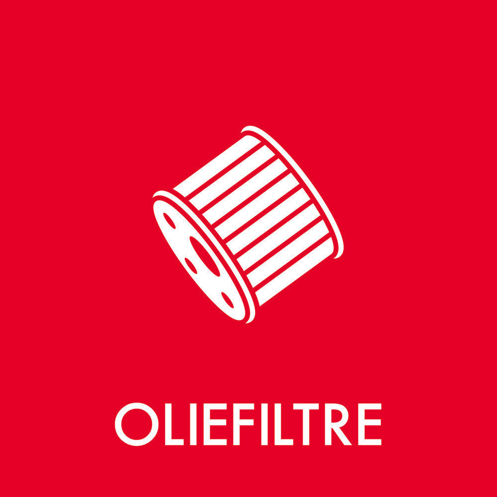Rød baggrund med hvidt oliefilterillustration og teksten "OLIEFILTRE" i fed skrift.